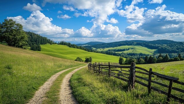 A scenic dirt road winds through a lush valley under a vibrant blue sky