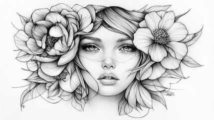Close-up pencil drawing of a beautiful young woman with flowers adorning her hair and shoulders