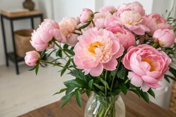 Beautiful bouquet of delicate pink peonies