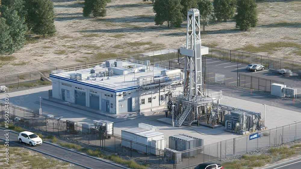 Poster modern oil pumping station with active rigs and monitoring systems in place, surrounded by fence lin