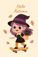 Adorable autumn-themed illustration featuring a cute little witch riding a skateboard with her black cat in a backpack. 