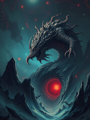 Illustrate a scene of a monstrosity from the cosmic horror genre looming over the event horizon of a wormhole