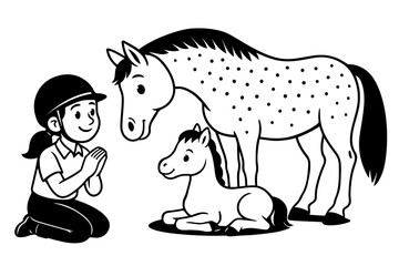 Girl beside horse and foal in vector illustration