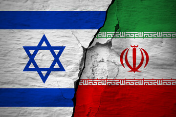 War between the countries. Israel and Iran flags on the cracked concrete wall.  The deterioration of diplomatic relations. Confliction and crisis concept .