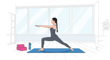 Fototapeta premium Animated Woman Doing Warrior Two Pose Yoga Exercise at Home