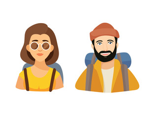 People tourist with bag, Forest travel, Camping. Flat vector clipart, illustration with isolated background.