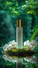Transparent cosmetics bottle with beautiful orchids and green moss, natural beauty concept