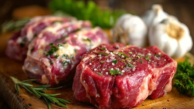 Raw beef steak, chicken leg, and lamb chop arranged side by side on a butcher's block, accented with garlic bulbs and vibrant green herbs, ready for seasoning and grilling