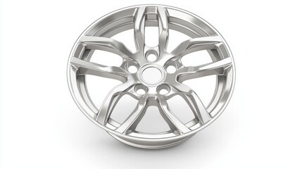 Obraz premium Polished silver alloy wheel for automobile is displayed on a white background in a studio