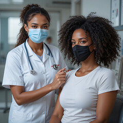 Nurse and african american woman recommending vaccination against Covid-19