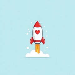 flat cartoon illustration of a rocket ship with heart symbol, launching into soft blue sky, love and exploration concept
