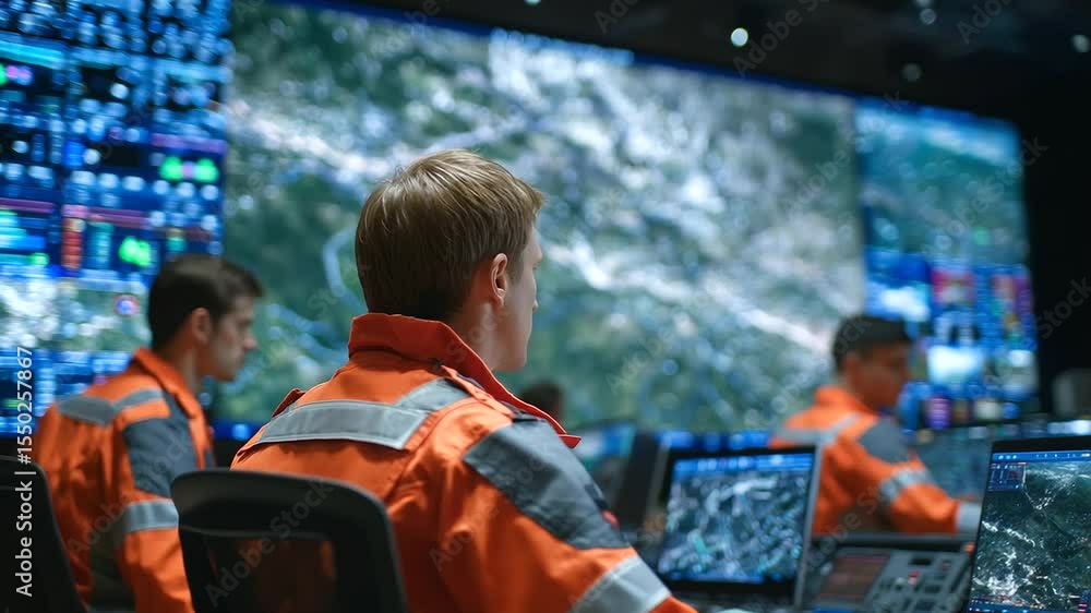 Aufkleber rescue workers in bright uniforms surround a massive digital display wall inside a high-tech emergen