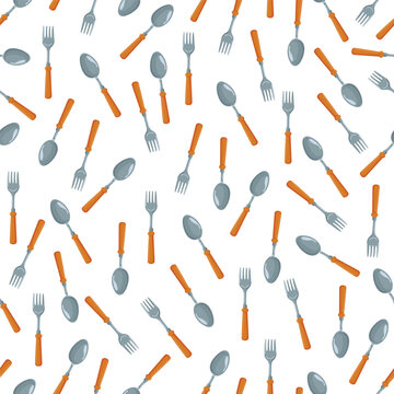 Fork and spoon seamless pattern. Flat vector clipart, illustration with isolated background.