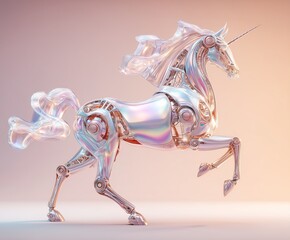 Mechanical unicorn leaps forward majestically in a futuristic, iridescent form