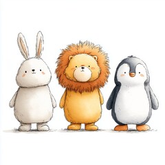 Fototapeta premium Cartoon animals featuring rabbit, lion and penguin standing together on white background