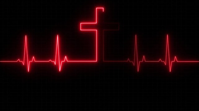 Abstract glowing neon heartbeat signal icon animation medical concept. red neon cross with heartbeat line on dark background, symbolizing dedication in medical care and commitment to patient health.