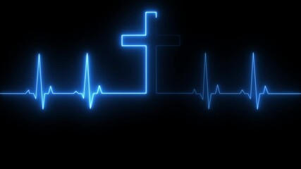 Abstract glowing neon heartbeat signal icon animation medical concept. blue neon cross with heartbeat line on dark background, symbolizing dedication in medical care and commitment to patient health. - Powered by Adobe