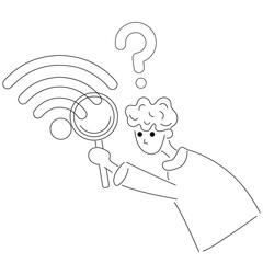 Man with magnifying glass searching for Wi-Fi. Internet and technology. Connecting to the network. Vector man and Wi-Fi icon