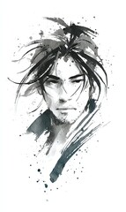 gritty ink portrait of a samurai warrior with wind-blown hair and ink splashes around, minimal yet expressive, cinematic feudal Japan style