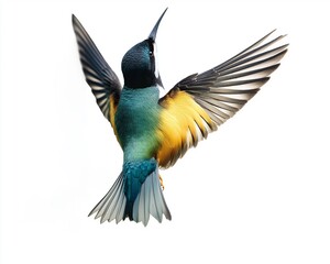 Fototapeta premium Colorful european bee-eater bird flaps its wings and takes flight against white background