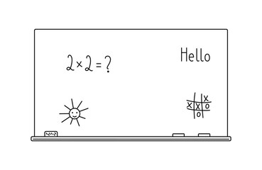 School blackboard with chalk, eraser and cute text imitating kids writing, hand drawn outline illustration back to school concept, chalkboard classroom accessory design element