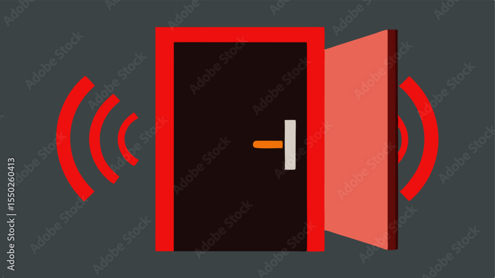 Poster alarm triggered an illustration showing a safe door ajar with an alarm sounding indicated by sound w