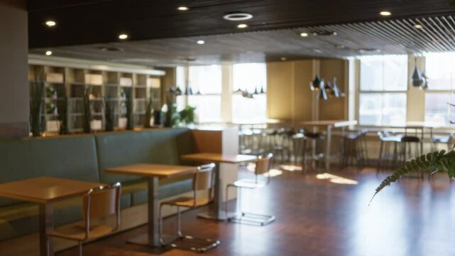 Blurry image of a modern restaurant interior with empty tables, wooden chairs, and stylish lighting creating a defocused, calm ambiance.