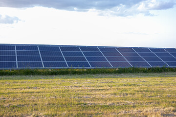 Solar Panels in Countryside Field at Sunset, Renewable Energy Concept