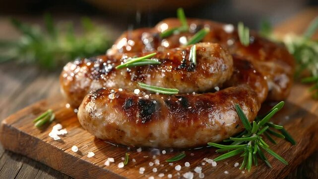 Traditional Bavarian meat platter showcasing browned sausages with seared marks, rosemary sprigs tucked between links, and soft shadows playing across the wooden board