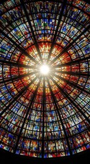 Stained glass window with a radial pattern in a church dome