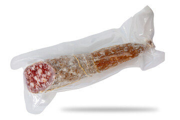 Piedmont pork salami, Italy, vacuum-sealed in plastic bag isolated on white with clipping path included