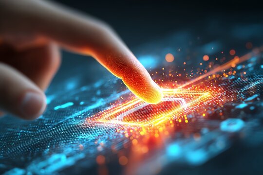 macro of futuristic touchscreen hologram with finger interaction, glowing grid interface and digital particles in motion