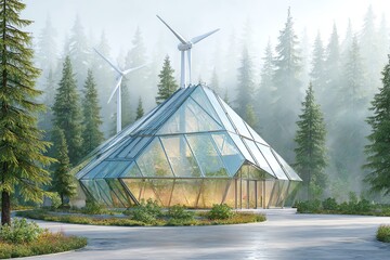 modern glass house in the forest with wind turbines and solar roof, seamless integration with nature, eco-friendly architecture, surrounded by mist and light rays