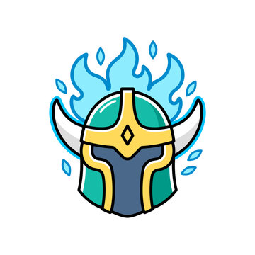 Enchanted helmet with blue flames in fantasy art style - Concept of Comic con - Gaming Culture Icons  