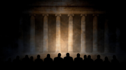 A group questioning spiritual boundaries near a temple at dusk