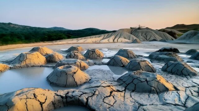 Unique mud volcanoes formations rise from the earth with fractured texture under dramatic sunset sky, representing a geological wonder