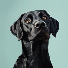 Close-up portrait of a beautiful shiny black Labrador Retriever dog with amber eyes against a teal background