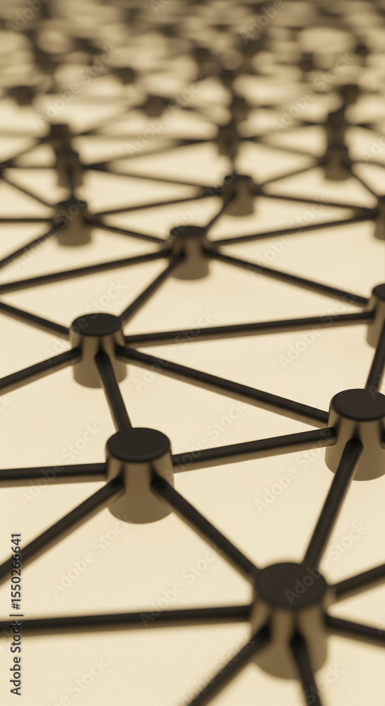 Poster Abstract image of interconnected black nodes forming a network, suggesting connection, communication, or global network.  Ideal for technology or business concepts