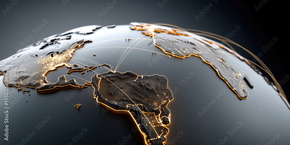 Aufkleber digital world map with glowing network lines, metallic continents, and illuminated global connection