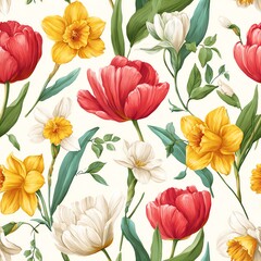 Obraz premium seamless classic tulip and daffodil garden pattern, old botanical illustration style, ivory background with faded coral and mustard blooms