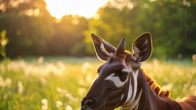 Close-up profile of an Okapi gazing peacefully in golden sunlight filled grassland habitat, showcasing its distinctive striped pattern and brown velvet fur.