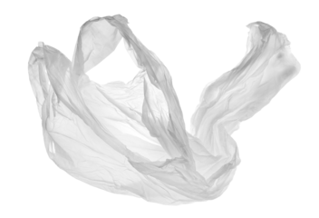 Transparent crumpled plastic shopping, grocery bag in flying isolated on white, clipping path