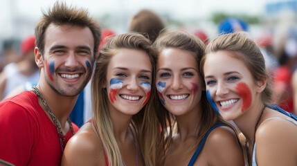Group of young supporters with French flag painted on their faces, smiling and showing enthusiasm before match