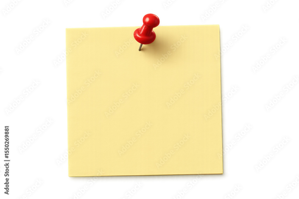 Poster blank yellow sticky note is held by red push pin on transparent background, creating space for custo