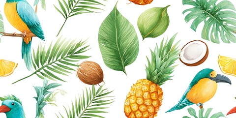 seamless watercolor pattern of tropical birds, palm leaves, coconuts and pineapples, summer jungle aesthetic, bright and cheerful