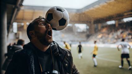 Enthusiastic man with beard is balancing a soccer ball on his head in a stadium, surrounded by players and spectators, showcasing excitement in sports atmosphere