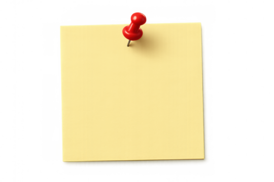 Blank yellow sticky note is held by red push pin on transparent background, creating space for customized messages