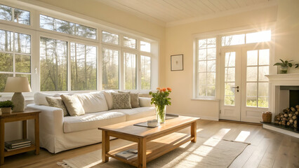Bright and airy living room featuring a cozy white sofa, wooden coffee table, and large windows, creating a warm and inviting atmosphere with natural light