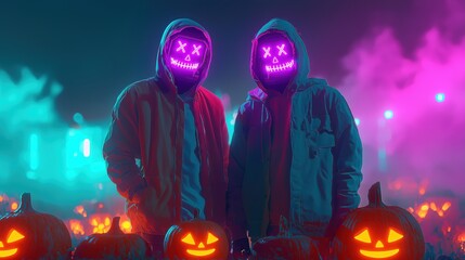 Futuristic Halloween party with neon masked figures and glowing jack-o'-lanterns