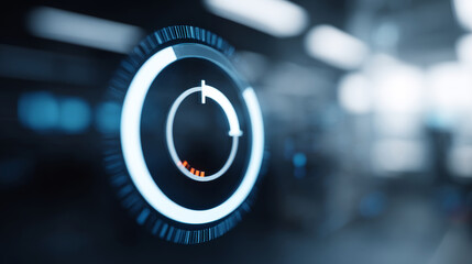 Futuristic loading icon spinning on a digital screen, symbolizing processing and progress in a technological environment